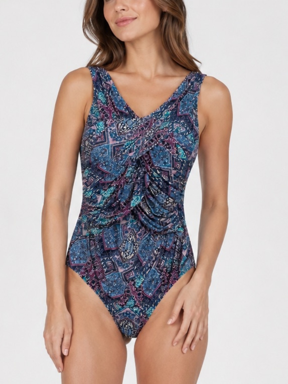 Garnet Hill Swimsuit Size 14 Blue Purple Geometric Ruched Tummy Control NWT